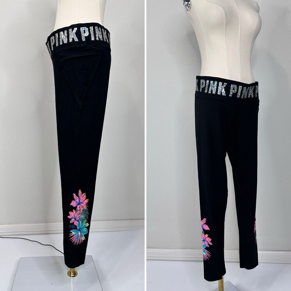 PINK Victoria’s Secret Tropical Floral Bling Yoga Leggings L Black Sequin Waist - Picture 9 of 16